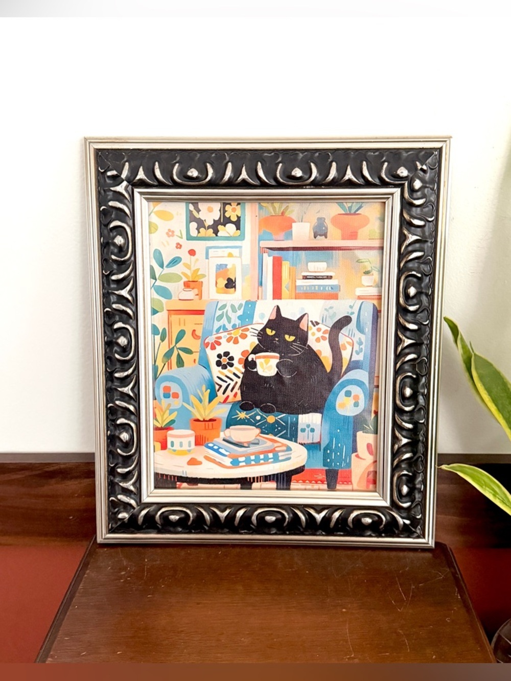 Cozy Black Cat Bookshelf Reading Books Coffee Floral Canvas Art Print Framed Art